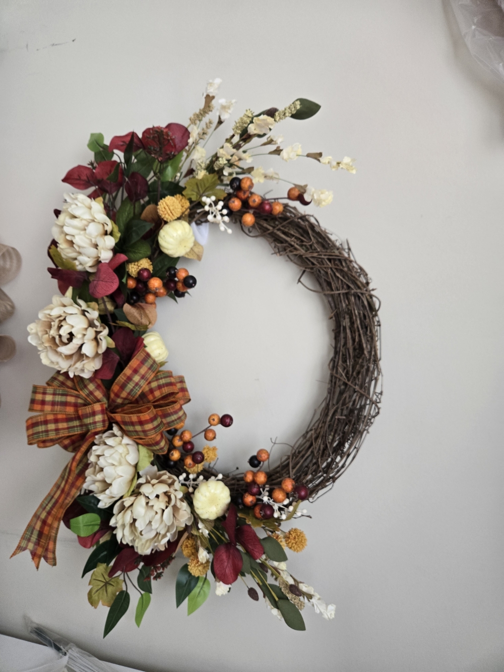 Autumn Floral Grapevine Wreath with Plaid Bow